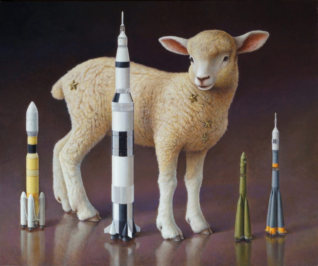 「Aries」　油彩
ウサギやヤギ、ヒツジ等の動物たちがユニークな姿で佇む奥村晃史さんの絵画