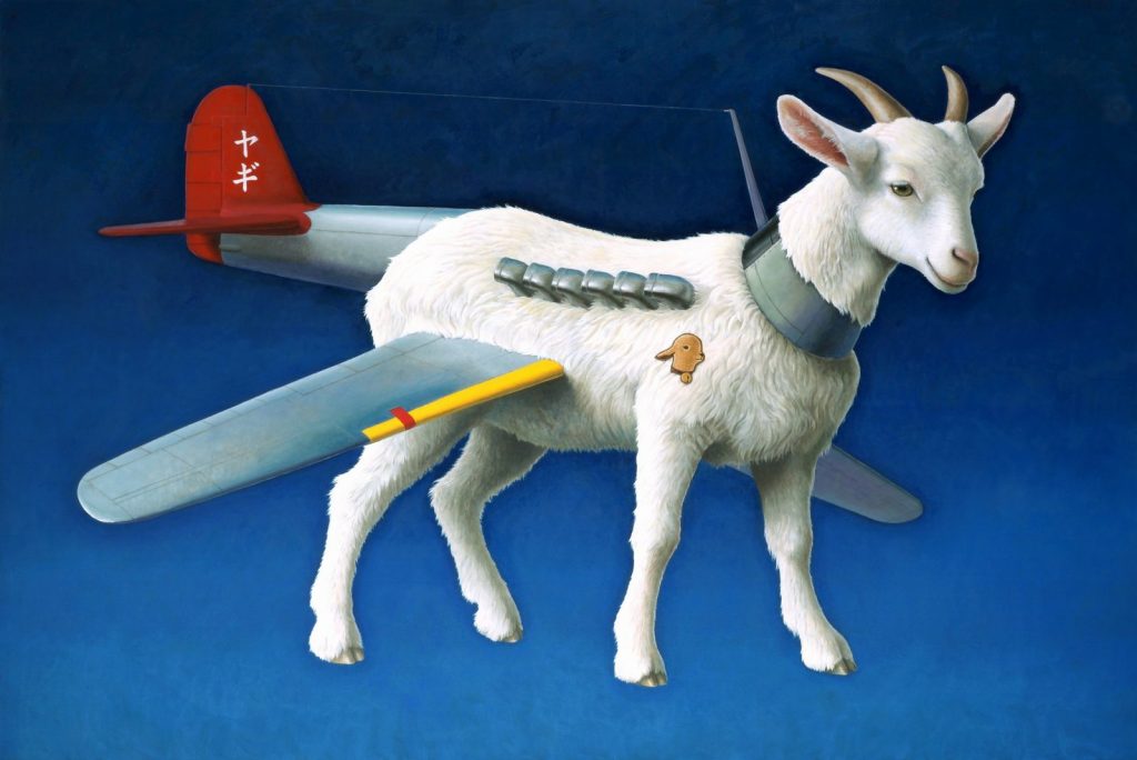 「Flying Swallow-S」油彩
ウサギやヤギ、ヒツジ等の動物たちがユニークな姿で佇む奥村晃史さんの絵画